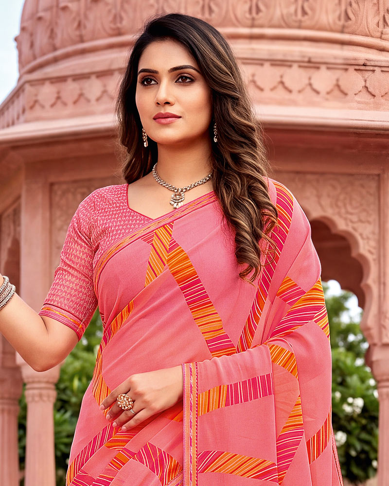 Vishal Prints Dark Peachy Pink Printed Georgette Saree With Fancy Border
