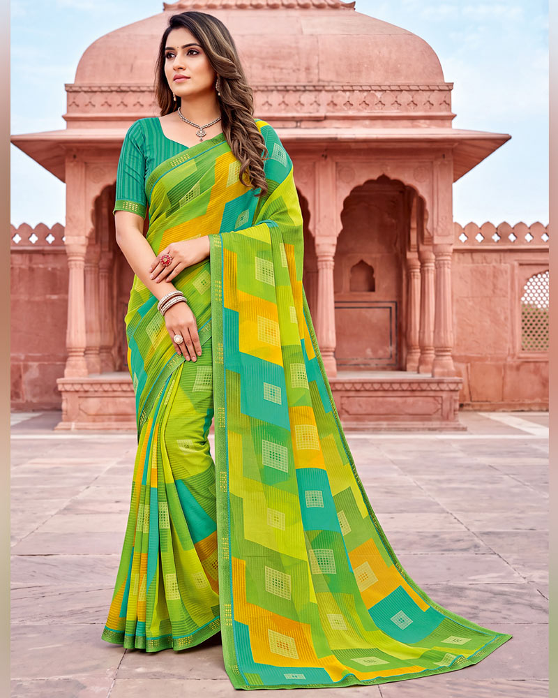 Vishal Prints Multi Green Printed Georgette Saree With Fancy Border