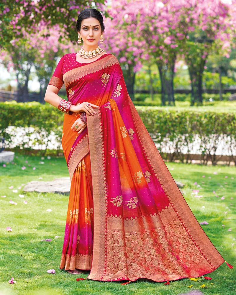 Women's Dola Silk Orange Printed Designer Saree With Blouse Piece