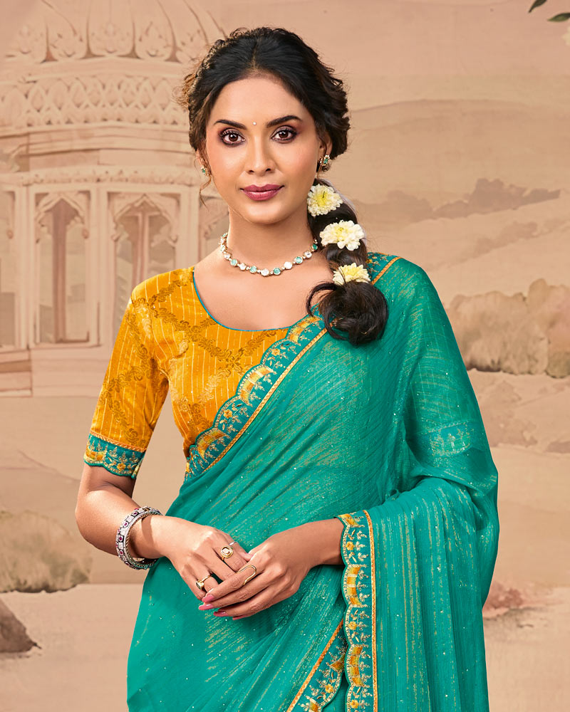 Vishal Prints Jade Green Designer Fancy Chiffon Saree With Diamond Work And Cut Work Embroidery Border