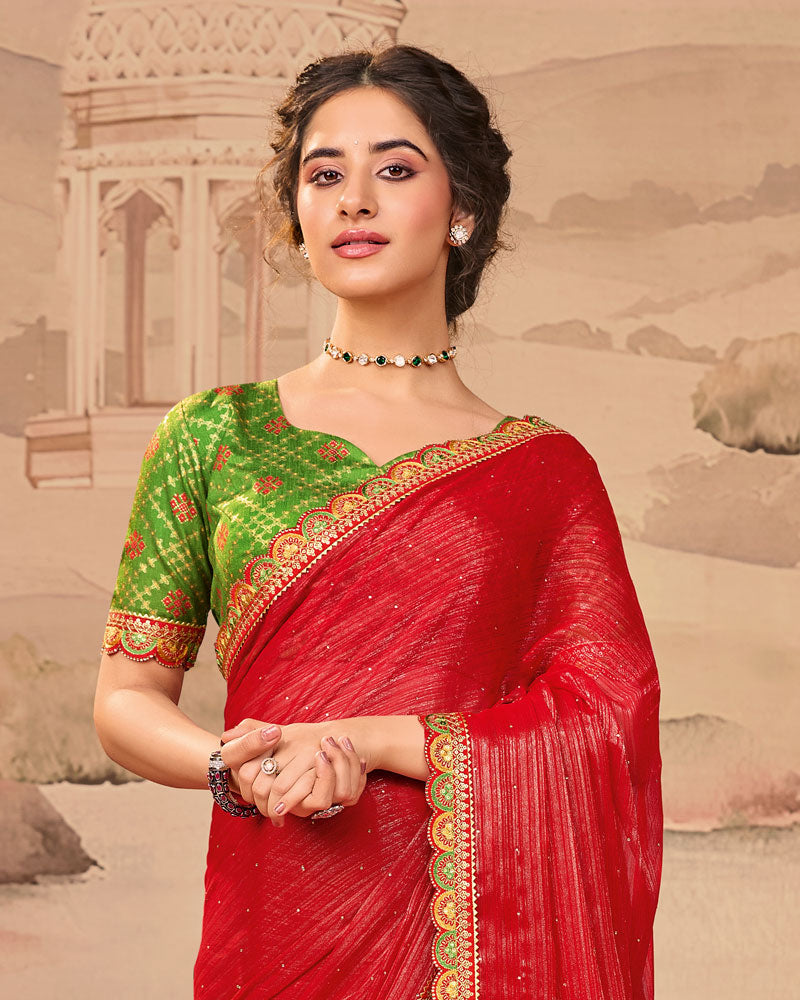 Vishal Prints Sindoori Red Designer Fancy Chiffon Saree With Diamond Work And Cut Work Embroidery Border