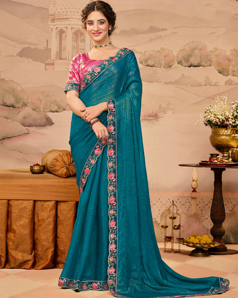 Vishal Prints Aquamarine Teal Blue Designer Fancy Chiffon Saree With Diamond Work And Cut Work Embroidery Border