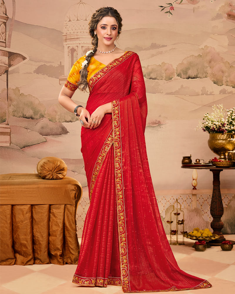 Vishal Prints Chilli Red Designer Fancy Chiffon Saree With Diamond Work And Cut Work Embroidery Border