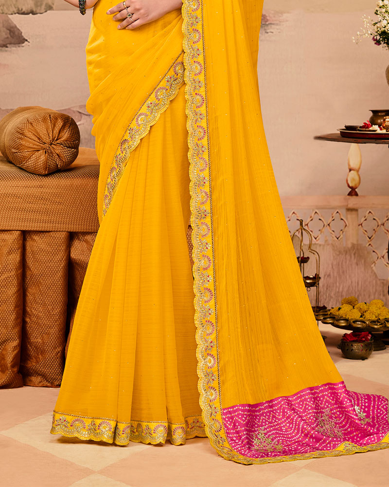 Vishal Prints Dark Raspberry Pink And Golden Yellow Designer Fancy Chiffon Traditional Print Saree With Weaved Satin Patta And Cut Work Embroidery Border