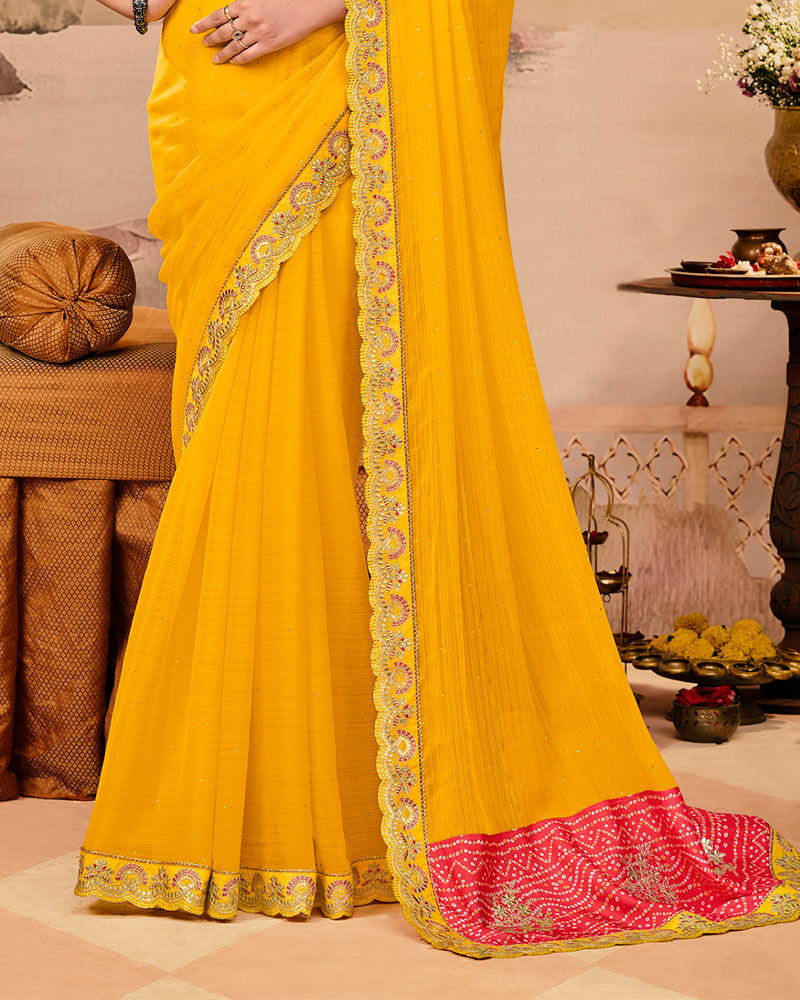 Vishal Prints Pinkish Red And Golden Yellow Designer Fancy Chiffon Traditional Print Saree With Weaved Satin Patta And Cut Work Embroidery Border