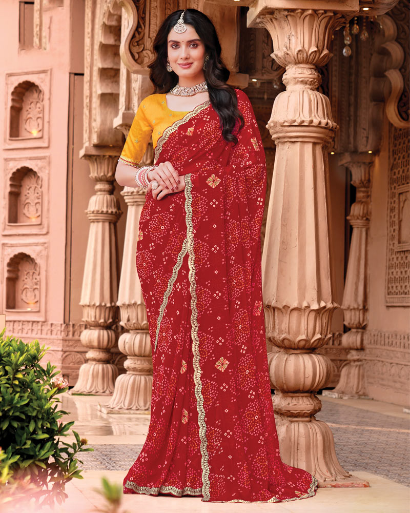 Vishal Prints Sindoori Red Designer Georgette Traditional Print Saree With Foil Print And Cut Work Embroidery Border