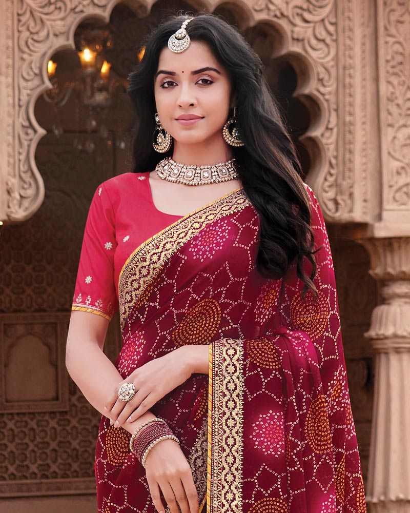 Vishal Prints Maroon Designer Georgette Traditional Print Saree With Foil Print And Fancy Embroidery Border