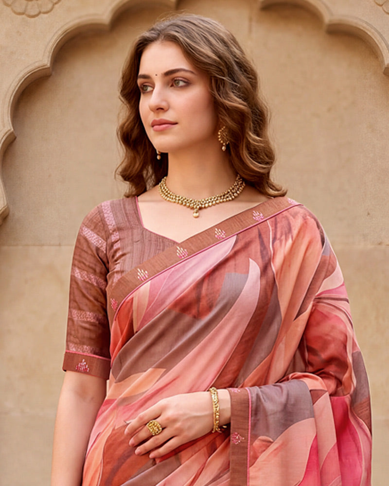 Vishal Prints Fushia Pink Digital Print Fancy Chiffon Saree With Embroidery Border