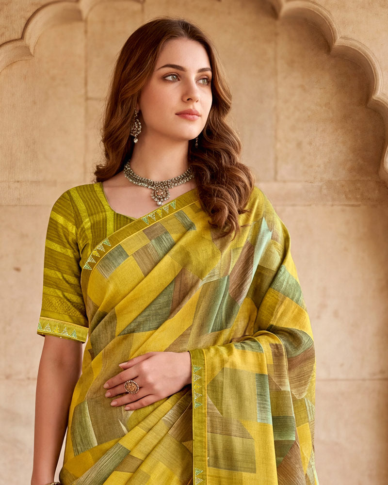 Vishal Prints Pale Yellow Digital Print Fancy Chiffon Saree With Embroidery Border