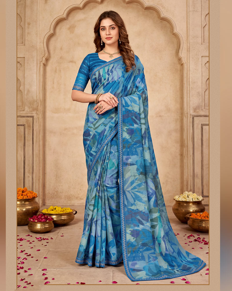 Vishal Prints Bright Blue Digital Print Fancy Chiffon Saree With Embroidery Border