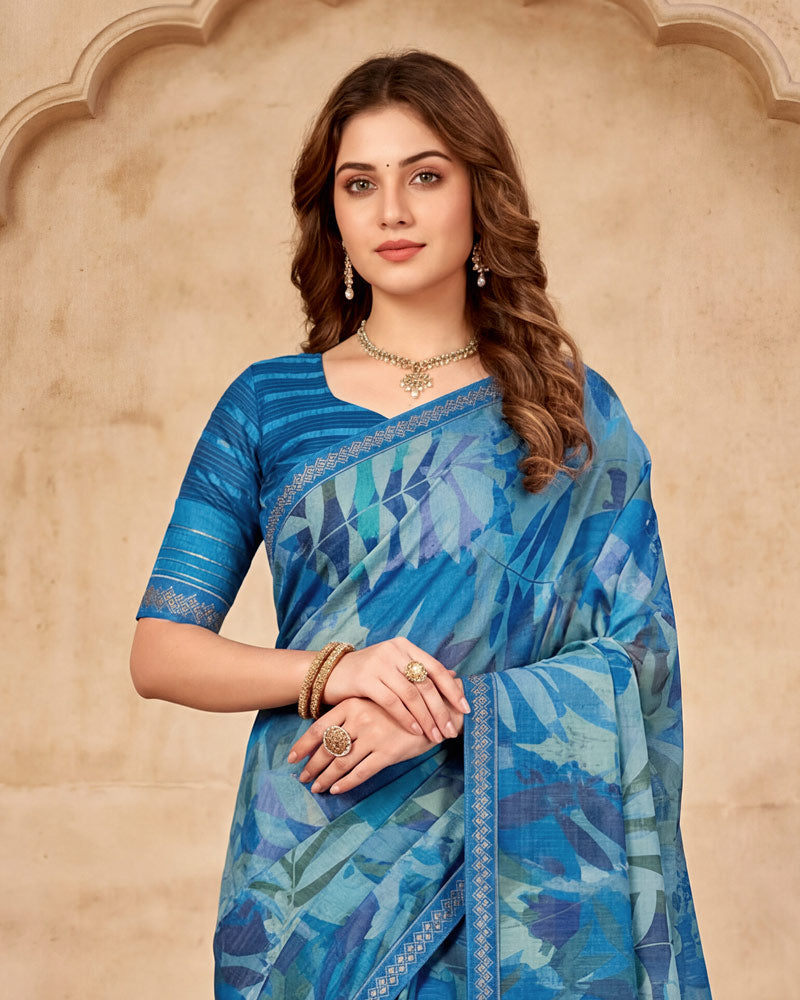 Vishal Prints Bright Blue Digital Print Fancy Chiffon Saree With Embroidery Border