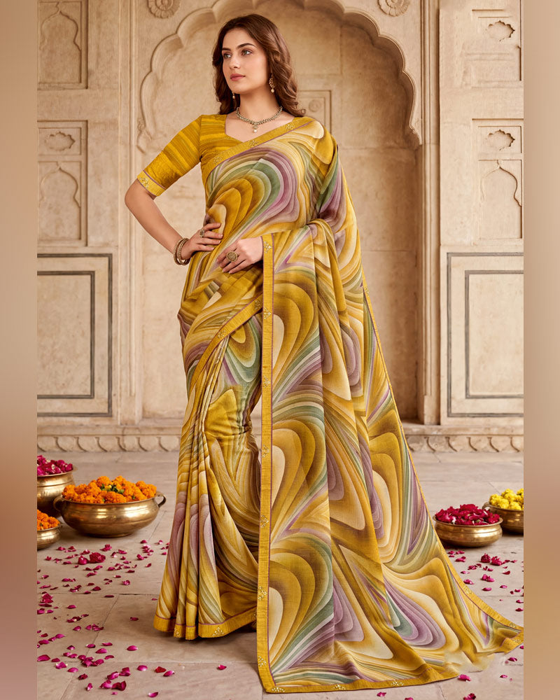 Vishal Prints Mustard Digital Print Fancy Chiffon Saree With Embroidery Border
