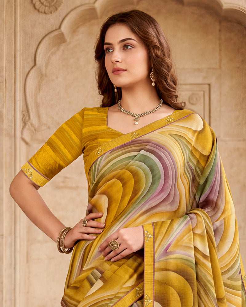 Vishal Prints Mustard Digital Print Fancy Chiffon Saree With Embroidery Border