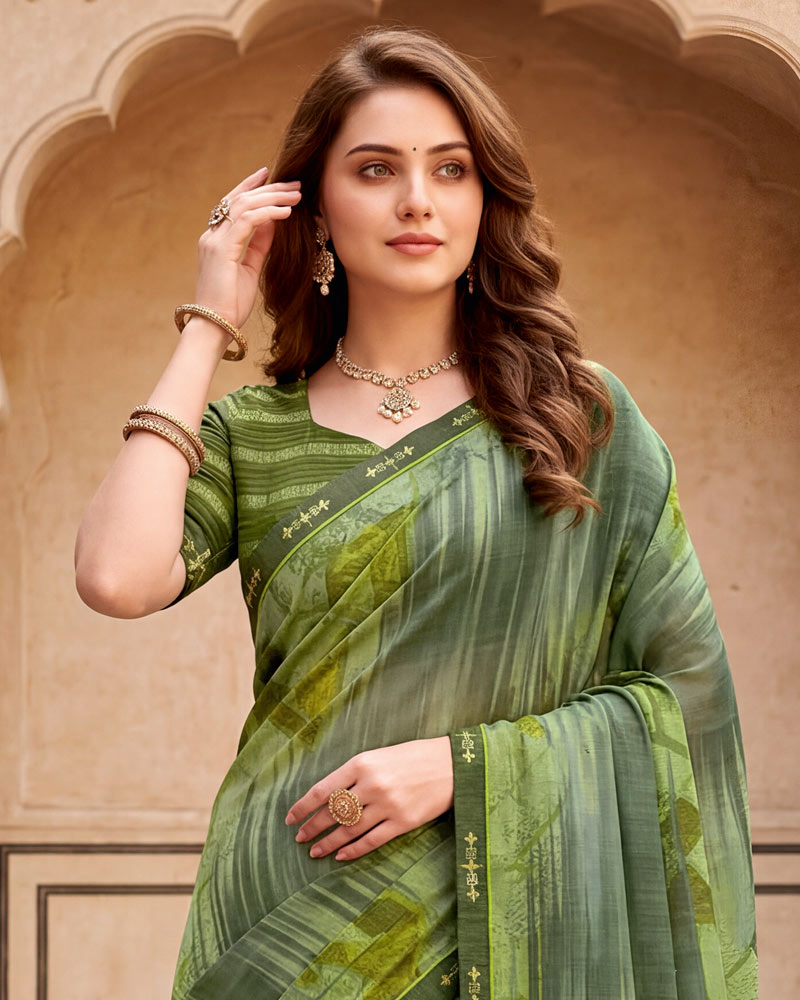 Vishal Prints Moss Green Digital Print Fancy Chiffon Saree With Embroidery Border