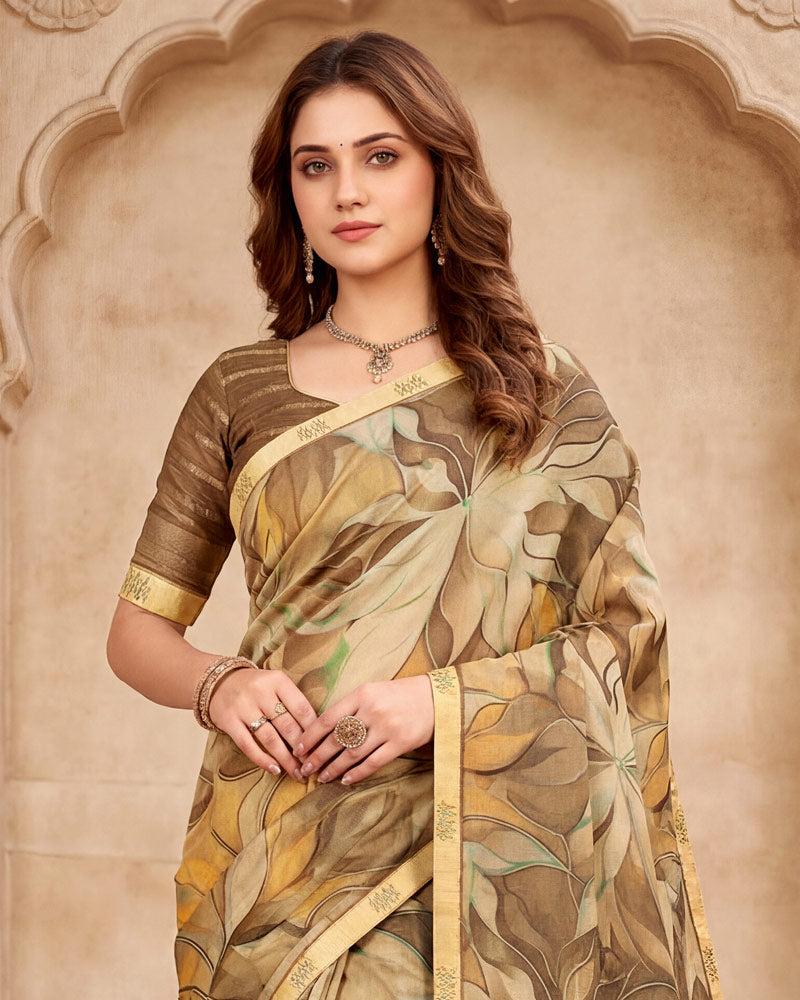 Vishal Prints Beige Brown Digital Print Fancy Chiffon Saree With Embroidery Border
