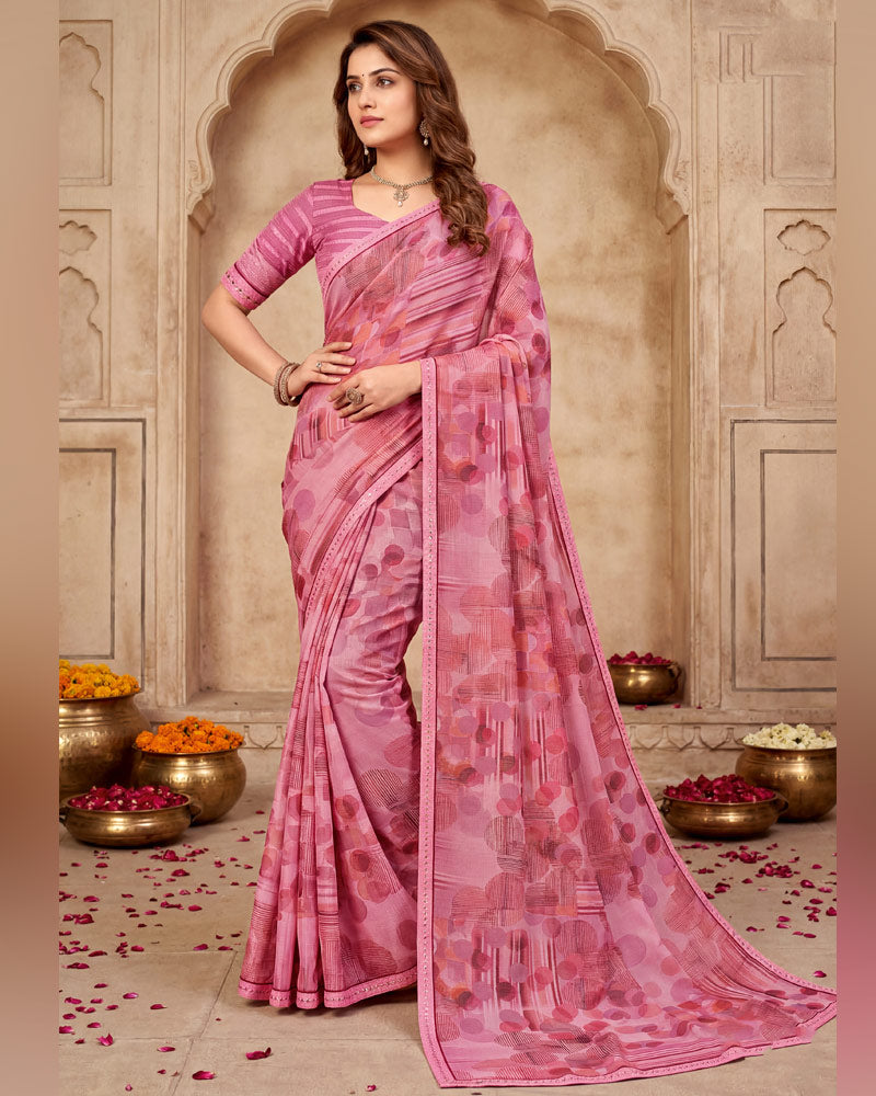 Vishal Prints Baby Pink Digital Print Fancy Chiffon Saree With Embroidery Border