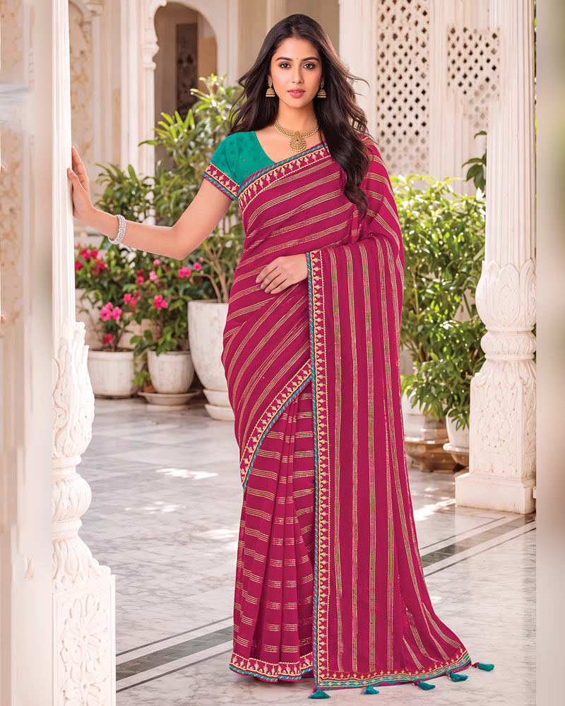 Vishal Prints Raspberry Pink Georgette Saree With Foil Print And Fancy Embroidery Border With Tassel
