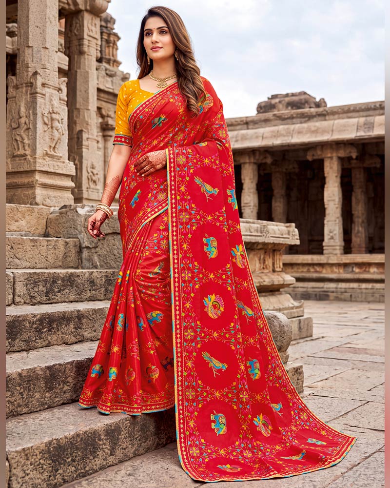 Vishal Prints Dark Cherry Red Designer Fancy Chiffon Traditional Print Saree With Foil Print And Border