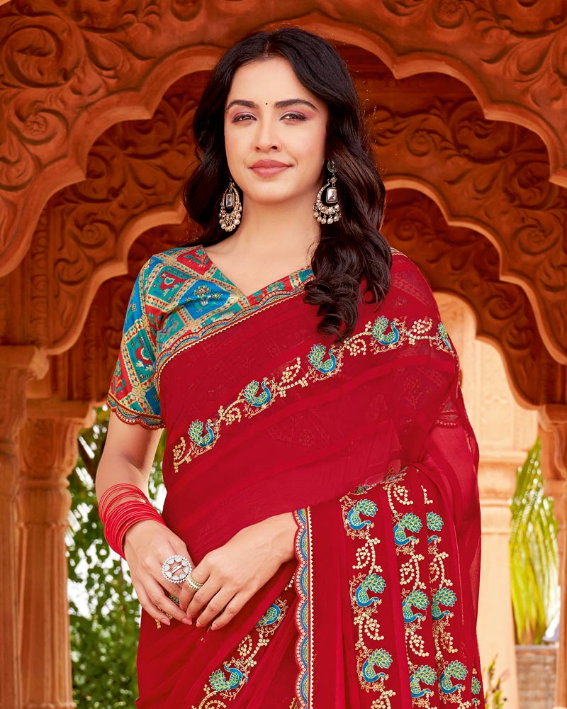 Vishal Prints Shiraz Red Designer Patterned Chiffon Saree With Embroidery-Diamond Work And Cut Border