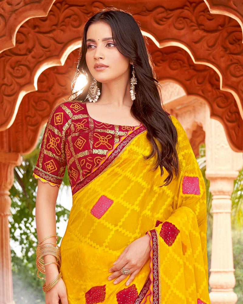 Vishal Prints Orangey Yellow Designer Patterned Chiffon Saree With Diamond Work And Cut Work Border