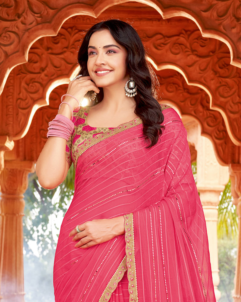 Vishal Prints Mandy Pink Designer Patterned Chiffon Saree With Embellishment And Cut Work Embroidery Border