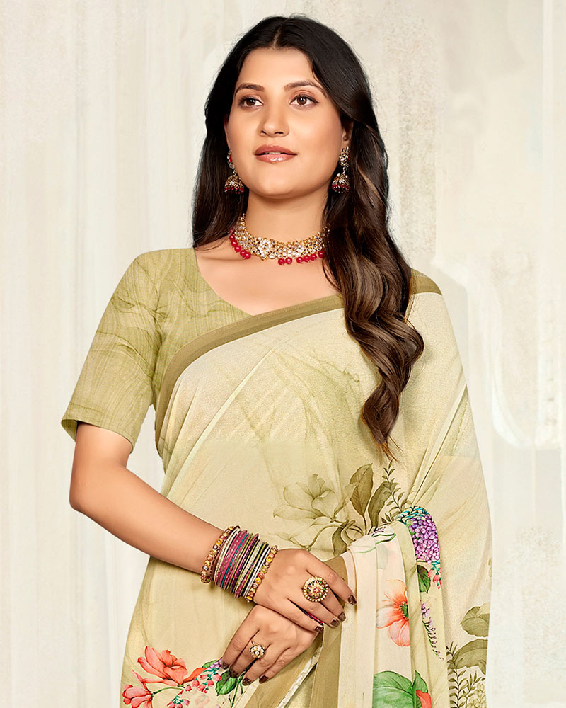 Vishal Prints Royal Cream Digital Printed Georgette Saree