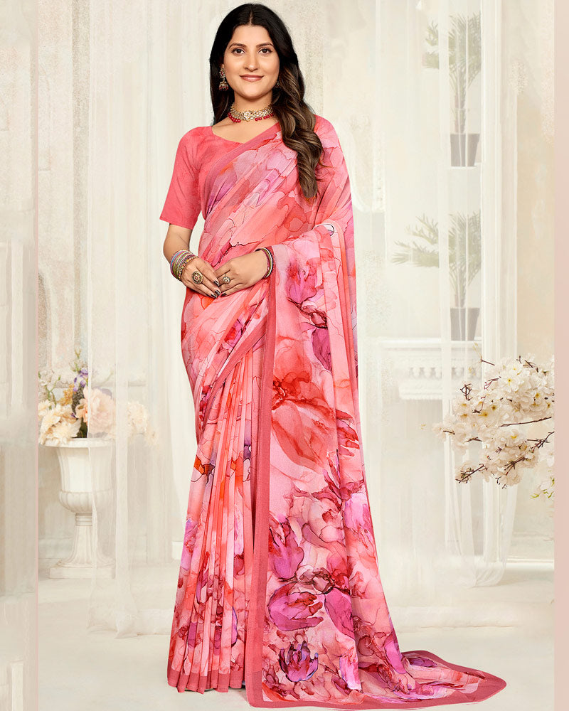Vishal Prints Light Coral Pink Digital Printed Georgette Saree
