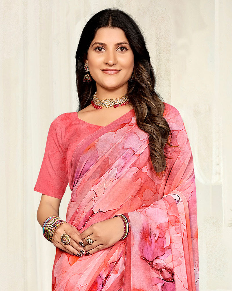 Vishal Prints Light Coral Pink Digital Printed Georgette Saree