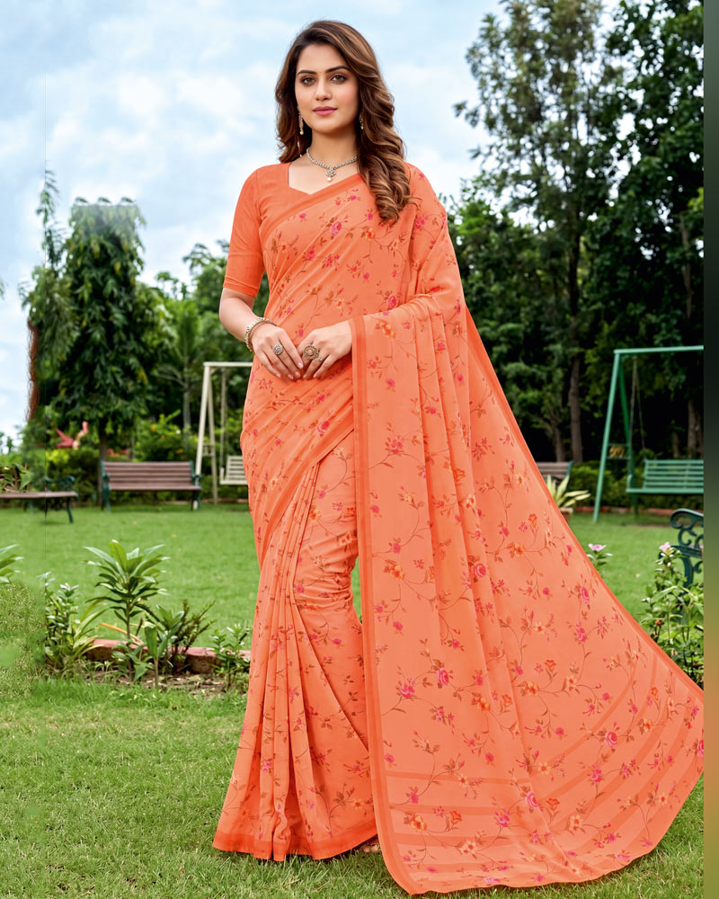 Vishal Prints Bright Orange Digital Print Georgette Saree