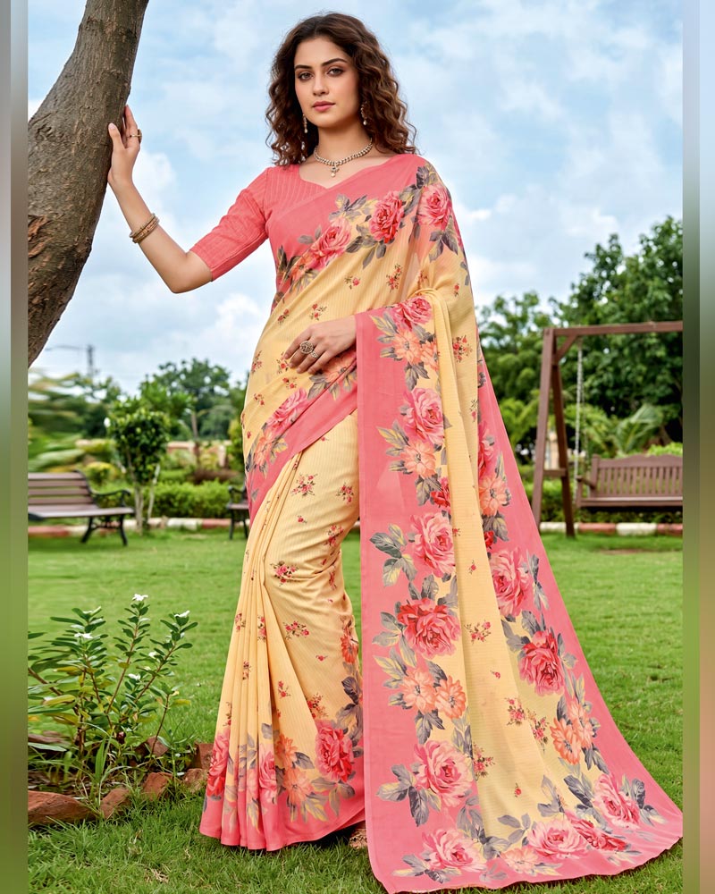 Vishal Prints Pale Yellow Digital Print Georgette Saree