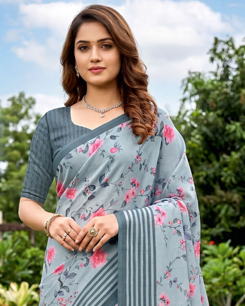 Vishal Prints Light Grey Digital Print Georgette Saree