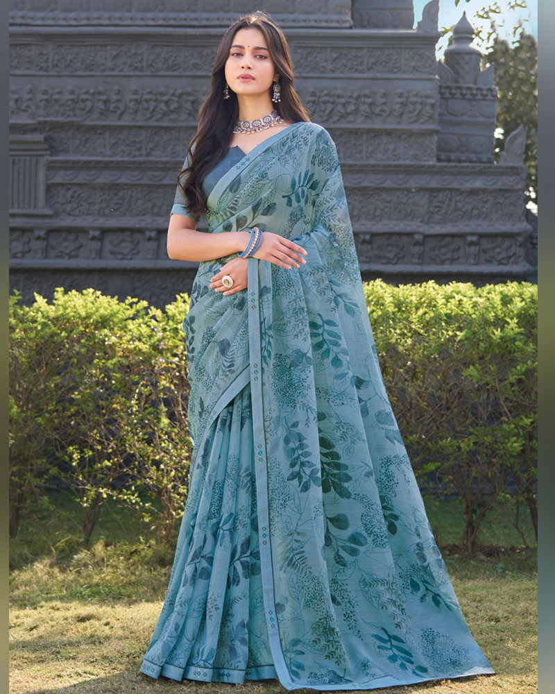 Vishal Prints Dark Pastel Blue Printed Chiffon Saree With Fancy Border