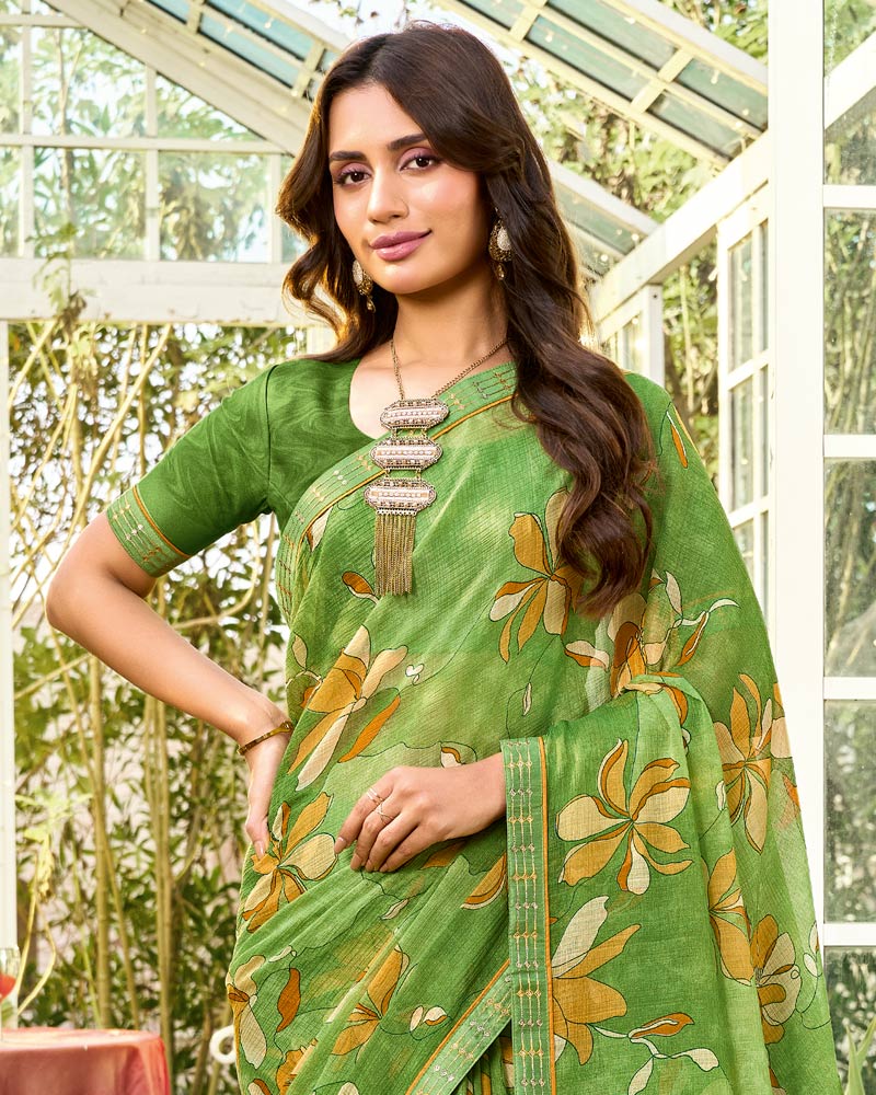 Vishal Prints Leaf Green Printed Chiffon Saree With Fancy Embroidery Work Border