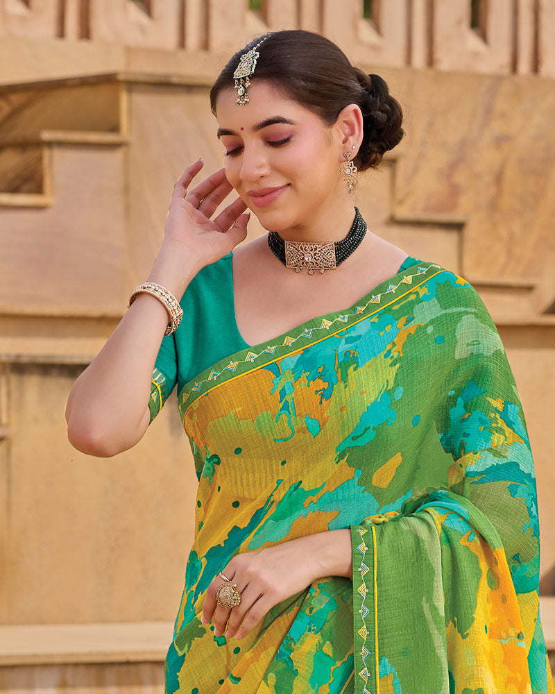 Vishal Prints Green Printed Chiffon Saree With Fancy Embroidery Border