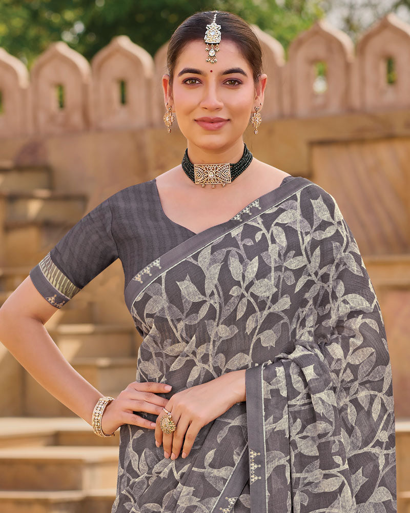 Vishal Prints Light Grey Printed Chiffon Saree With Fancy Embroidery Border