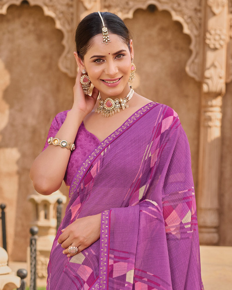 Vishal Prints Magenta Pink Printed Chiffon Saree With Fancy Embroidery Border