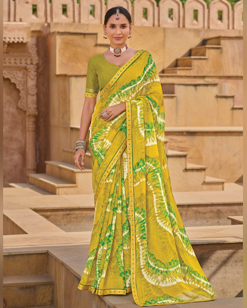 Vishal Prints Light Yellow Printed Chiffon Saree With Fancy Embroidery Border