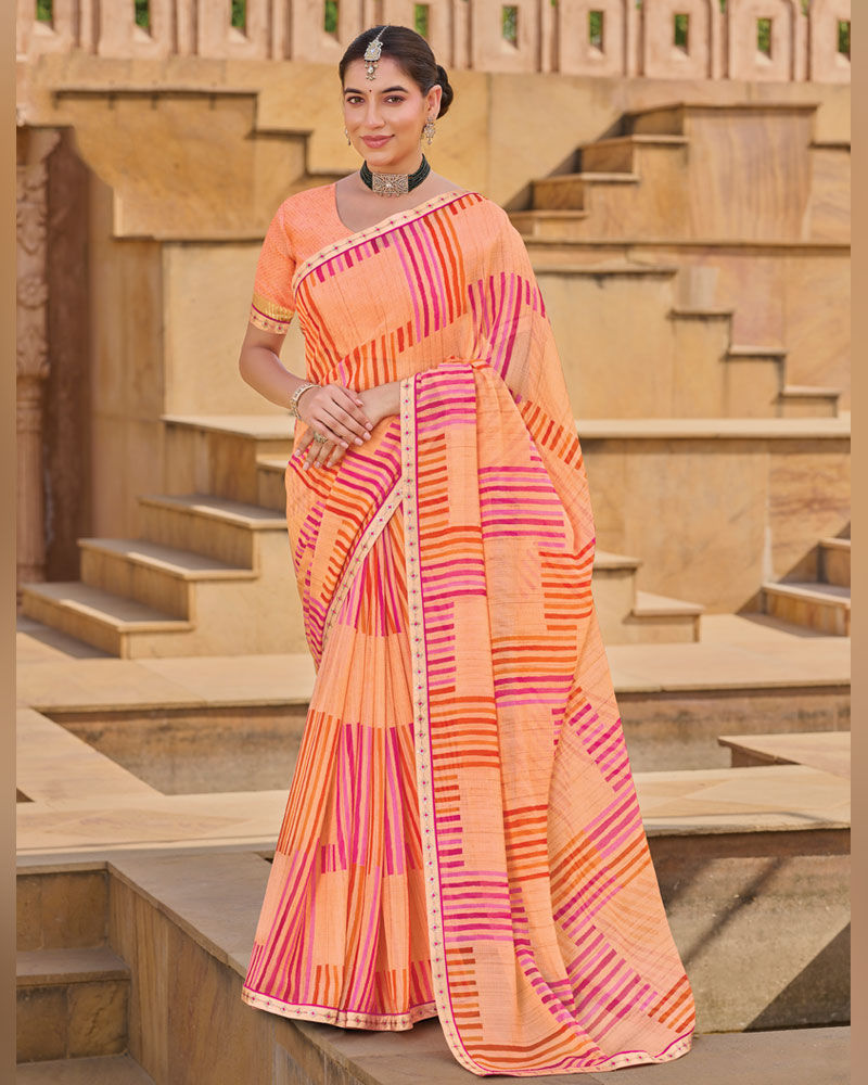 Vishal Prints Pale Orange Printed Chiffon Saree With Fancy Embroidery Border