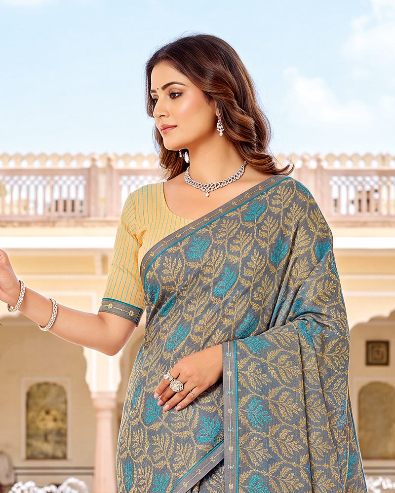 Vishal Prints Grey Printed Fancy Chiffon Saree With Border