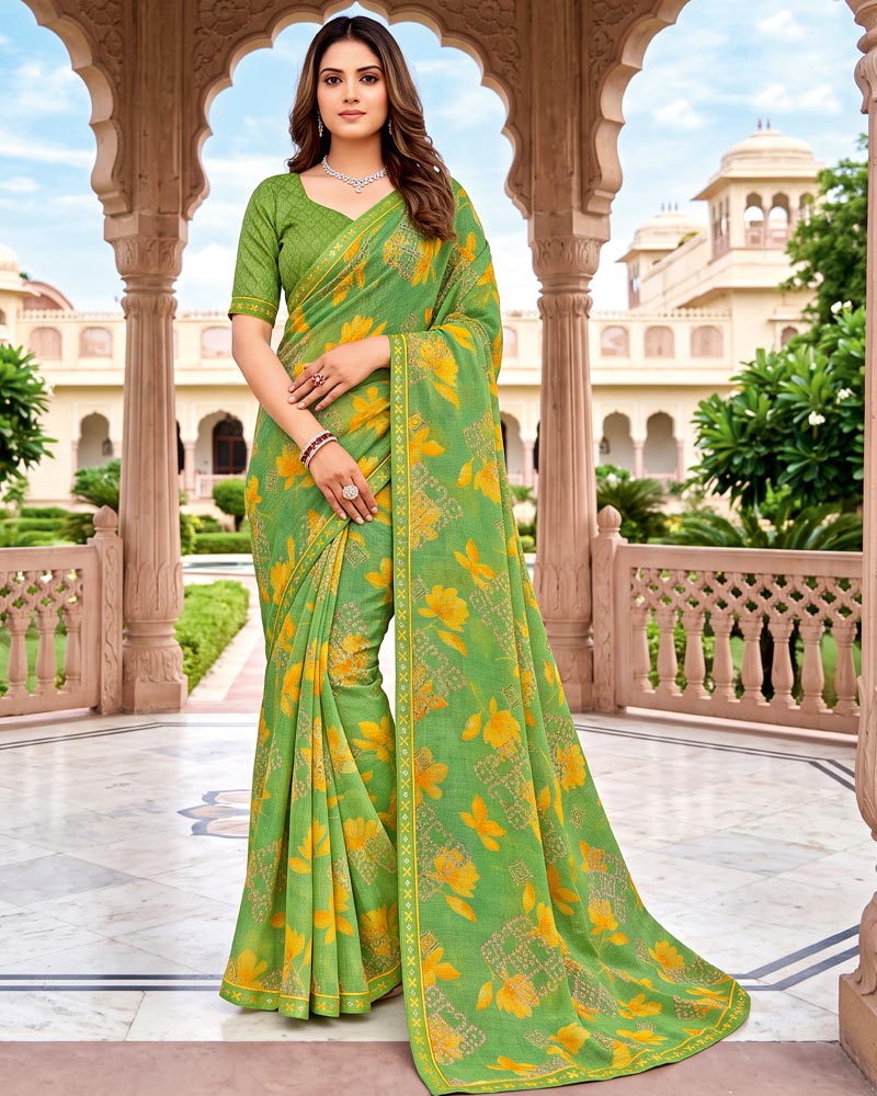 Vishal Prints Bright Green Printed Fancy Chiffon Saree With Border