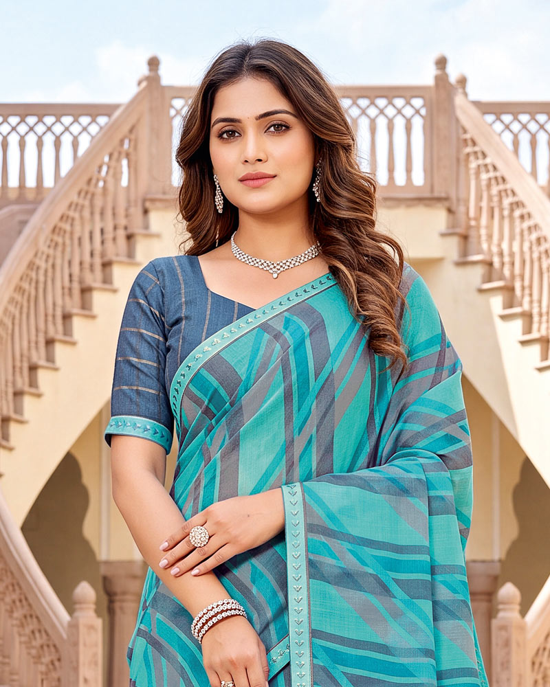 Vishal Prints Sky Blue Printed Fancy Chiffon Saree With Border