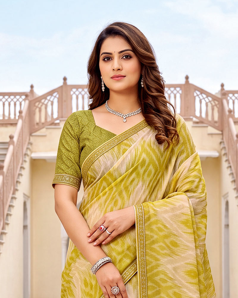 Vishal Prints Moss Green Cream Printed Fancy Chiffon Saree With Border
