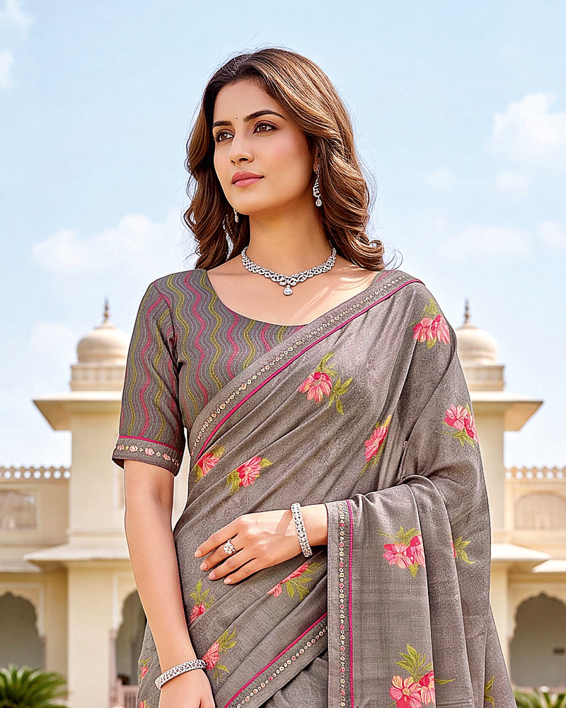 Vishal Prints Brownish Grey Printed Fancy Chiffon Saree With Border