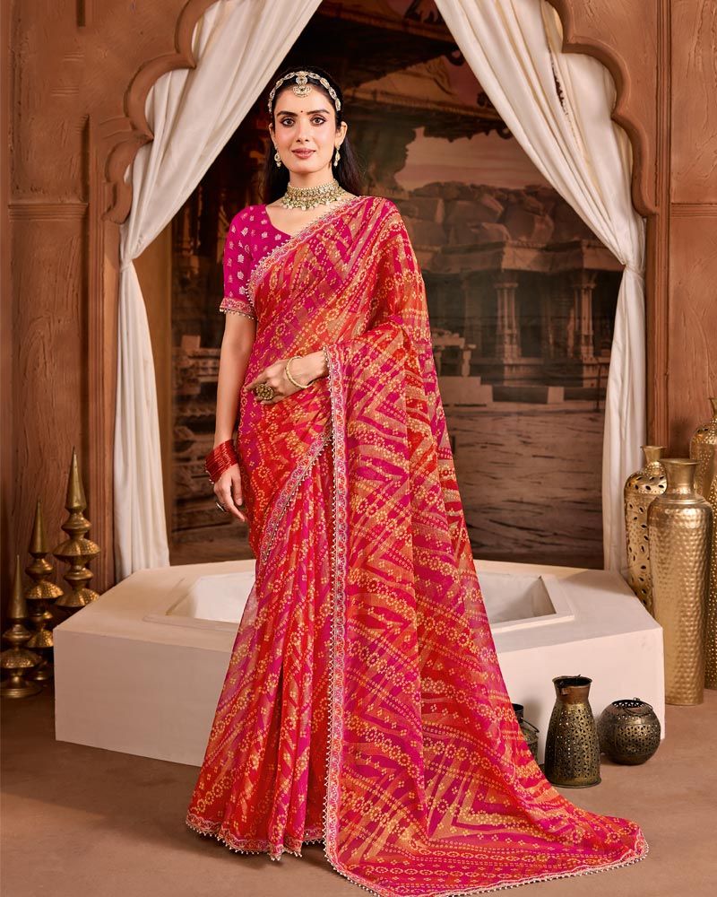 Vishal Prints Fuchsia Red Traditional Print Brasso Saree With Fancy Embroidery Border