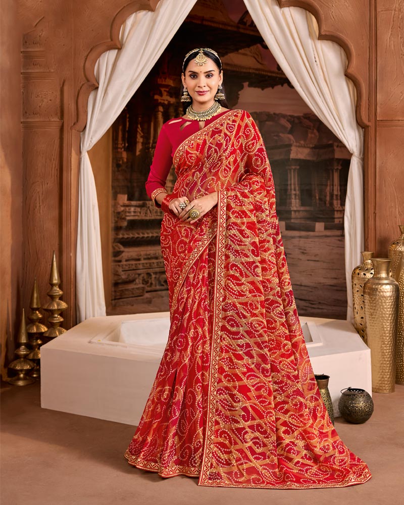 Vishal Prints Sindoori Red Traditional Print Brasso Saree With Fancy Embroidery Border