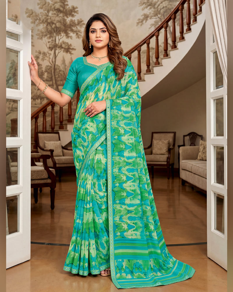 Vishal Prints Multi Green Printed Georgette Saree With Fancy Border