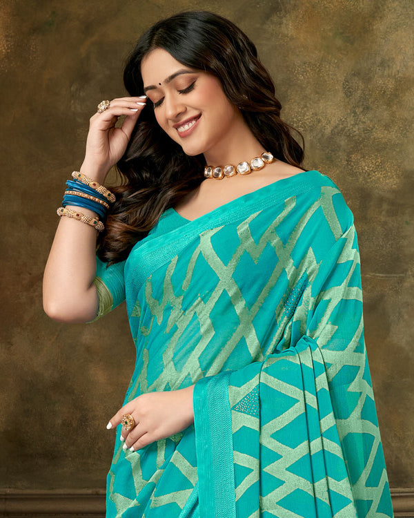 Vishal Prints Teal Green Designer Brasso Saree With Weaved Satin Patta And Diamond Work