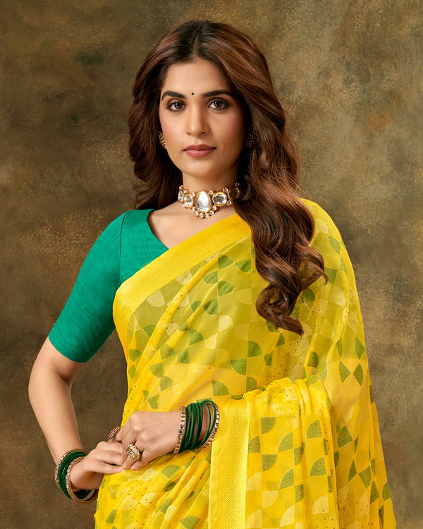 Vishal Prints Yellow Designer Brasso Saree With Weaved Satin Patta And Diamond Work