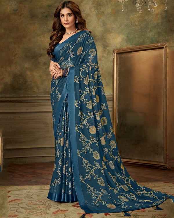 Vishal Prints Dark Teal Blue Designer Brasso Saree With Weaved Satin Patta And Diamond Work