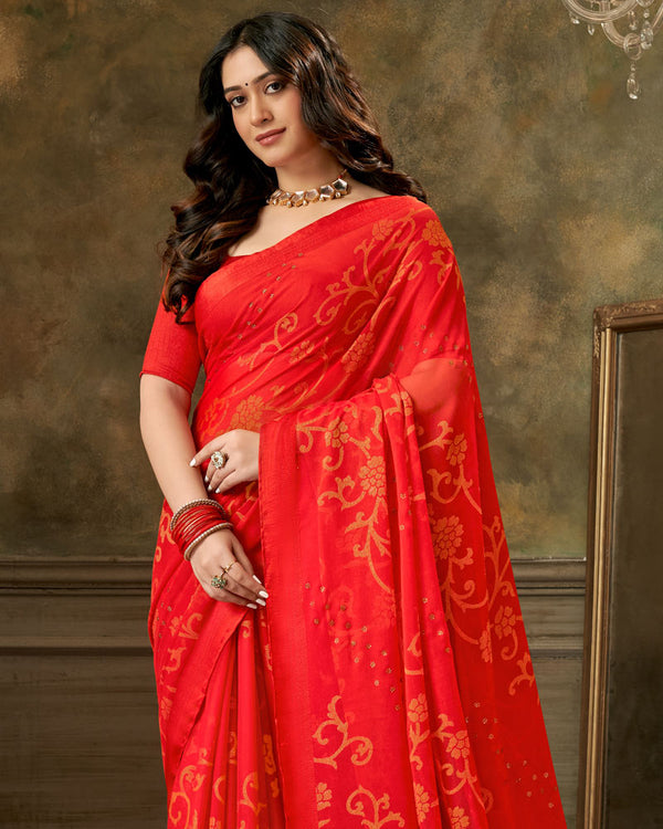 Vishal Prints Alizarin Crimson Designer Brasso Saree With Weaved Satin Patta And Diamond Work